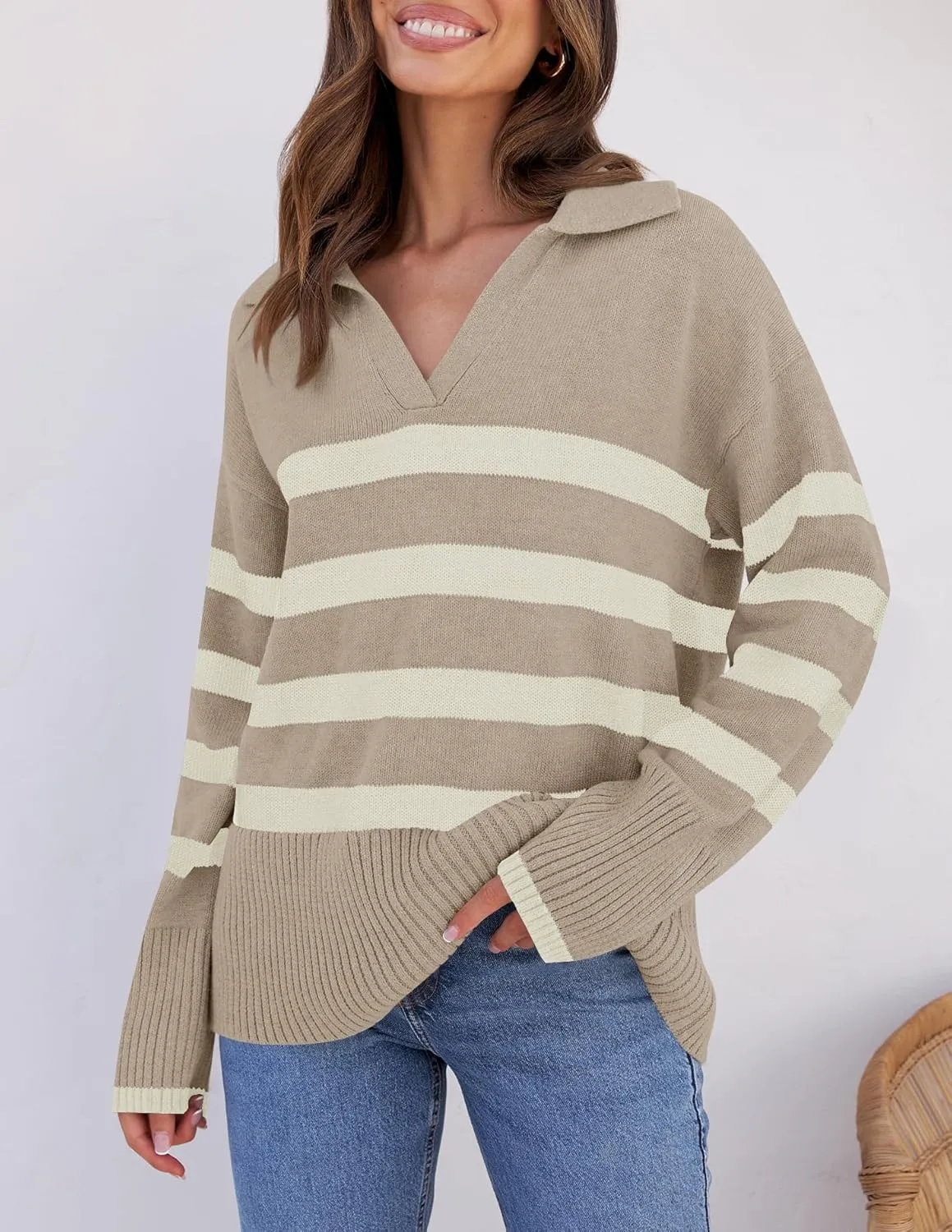 ZESICA Women's Winter Sweaters Lapel V Neck Long Sleeve Striped Chunky Knit Oversized Pullover Sweater Jumper Tops