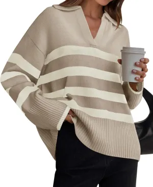ZESICA Women's Winter Sweaters Lapel V Neck Long Sleeve Striped Chunky Knit Oversized Pullover Sweater Jumper Tops