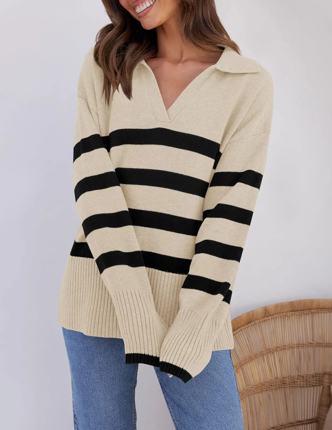 ZESICA Women's Winter Sweaters Lapel V Neck Long Sleeve Striped Chunky Knit Oversized Pullover Sweater Jumper Tops