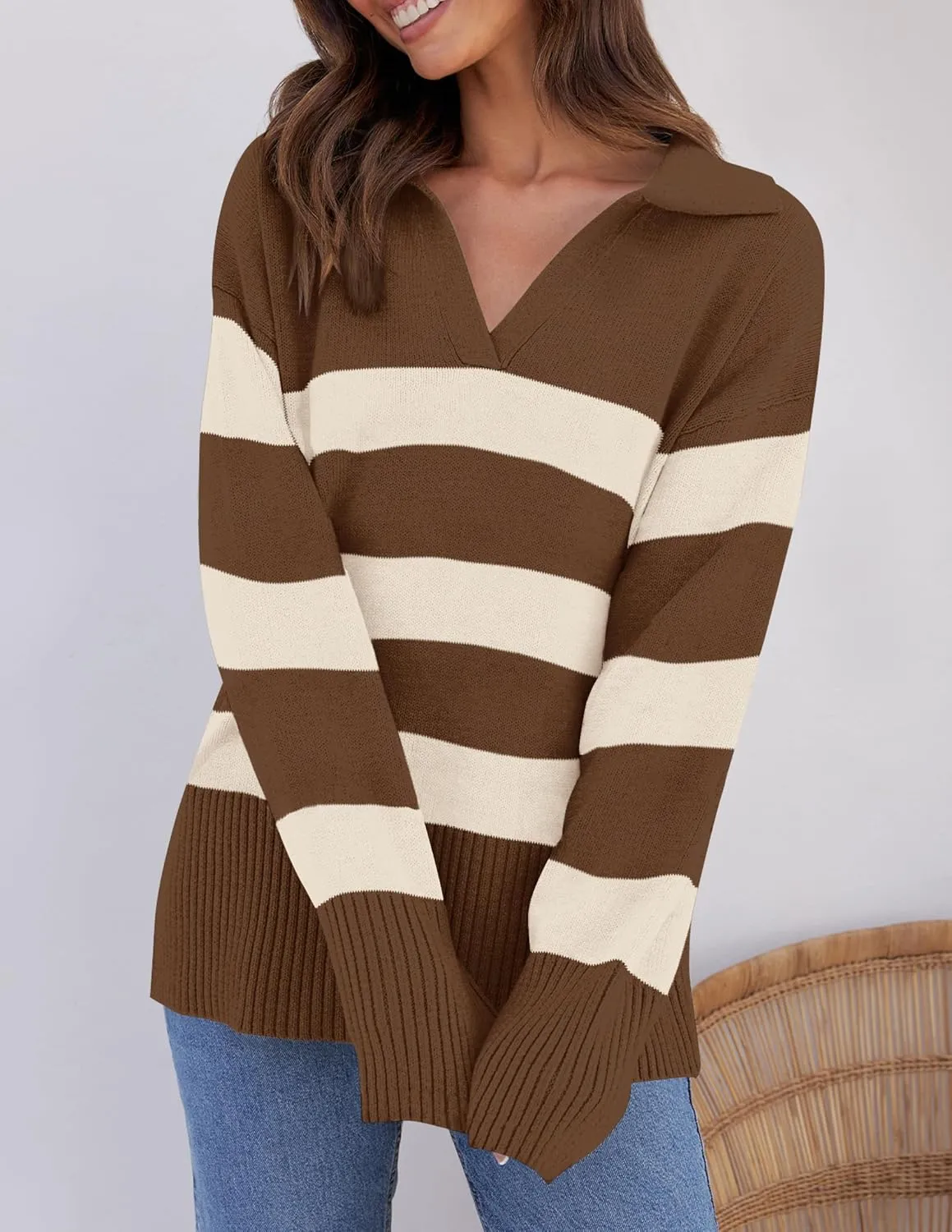 ZESICA Women's Winter Sweaters Lapel V Neck Long Sleeve Striped Chunky Knit Oversized Pullover Sweater Jumper Tops