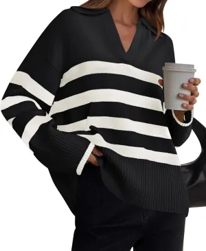 ZESICA Women's Winter Sweaters Lapel V Neck Long Sleeve Striped Chunky Knit Oversized Pullover Sweater Jumper Tops