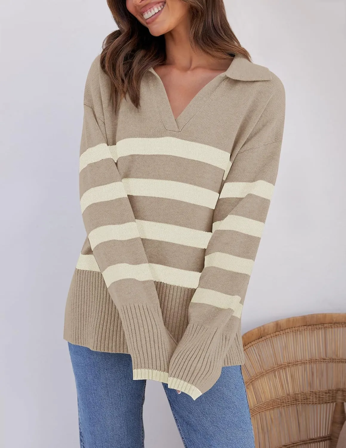 ZESICA Women's Winter Sweaters Lapel V Neck Long Sleeve Striped Chunky Knit Oversized Pullover Sweater Jumper Tops