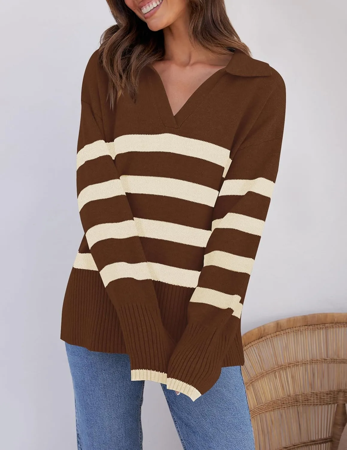 ZESICA Women's Winter Sweaters Lapel V Neck Long Sleeve Striped Chunky Knit Oversized Pullover Sweater Jumper Tops