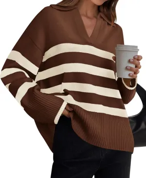 ZESICA Women's Winter Sweaters Lapel V Neck Long Sleeve Striped Chunky Knit Oversized Pullover Sweater Jumper Tops