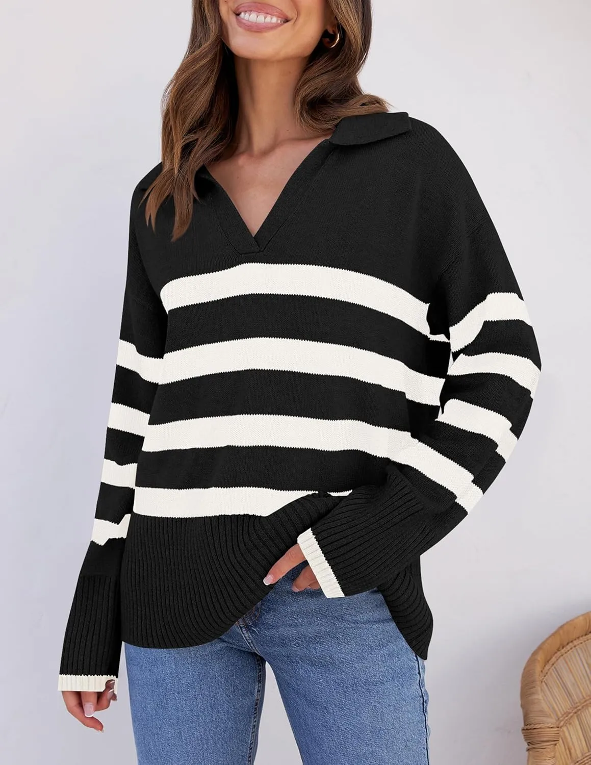 ZESICA Women's Winter Sweaters Lapel V Neck Long Sleeve Striped Chunky Knit Oversized Pullover Sweater Jumper Tops