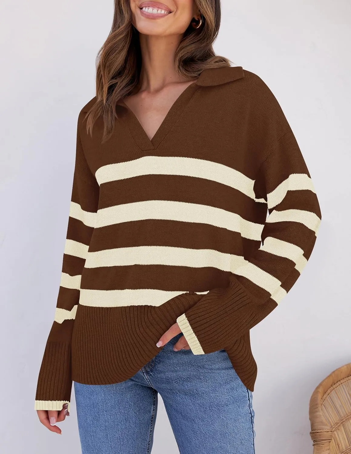 ZESICA Women's Winter Sweaters Lapel V Neck Long Sleeve Striped Chunky Knit Oversized Pullover Sweater Jumper Tops