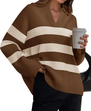 ZESICA Women's Winter Sweaters Lapel V Neck Long Sleeve Striped Chunky Knit Oversized Pullover Sweater Jumper Tops