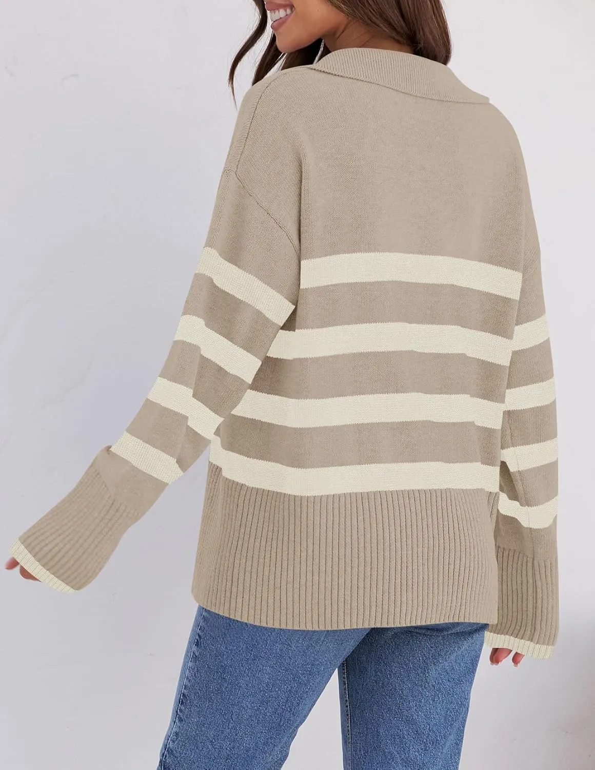 ZESICA Women's Winter Sweaters Lapel V Neck Long Sleeve Striped Chunky Knit Oversized Pullover Sweater Jumper Tops