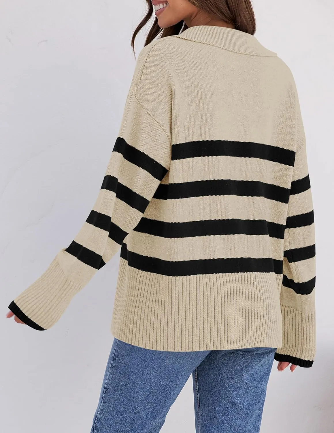 ZESICA Women's Winter Sweaters Lapel V Neck Long Sleeve Striped Chunky Knit Oversized Pullover Sweater Jumper Tops