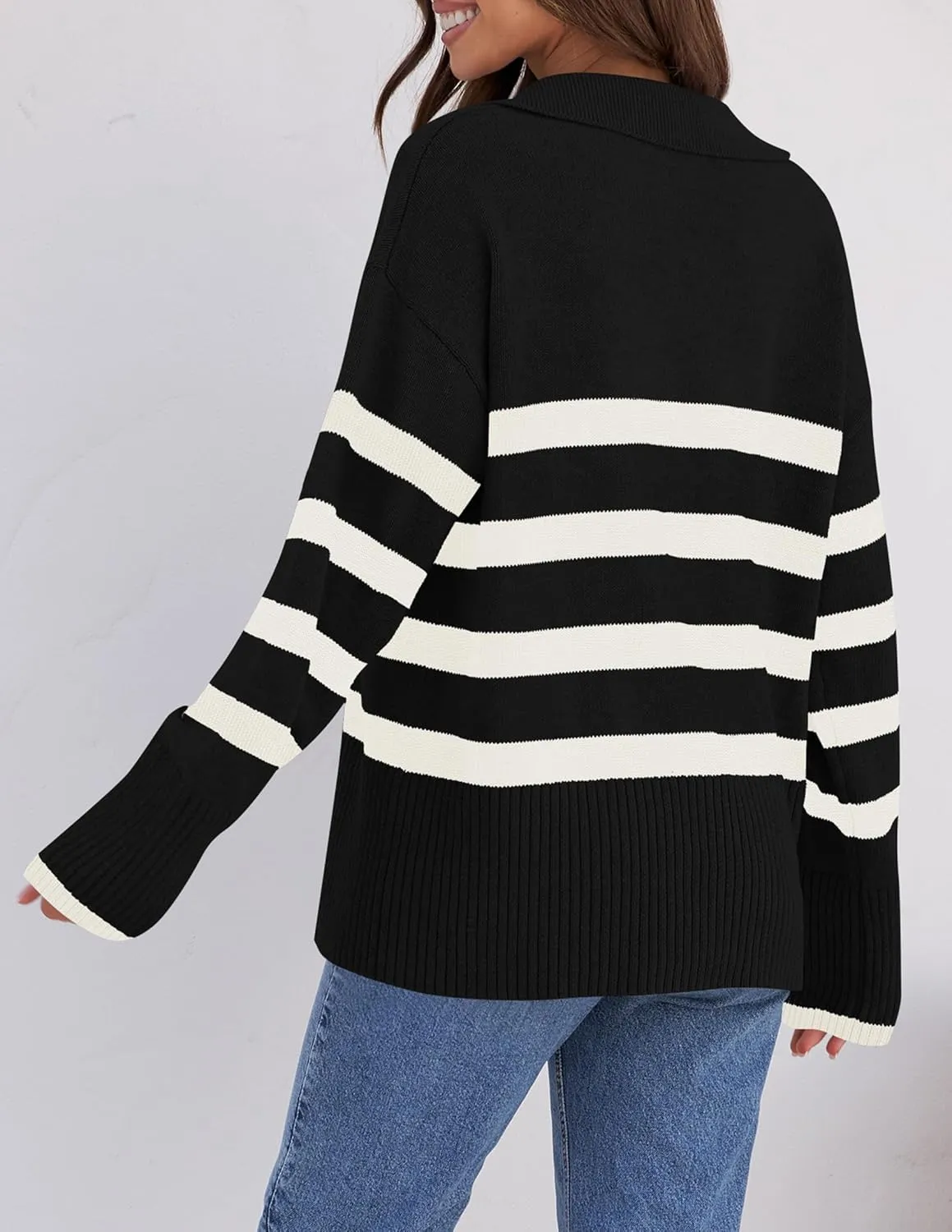ZESICA Women's Winter Sweaters Lapel V Neck Long Sleeve Striped Chunky Knit Oversized Pullover Sweater Jumper Tops