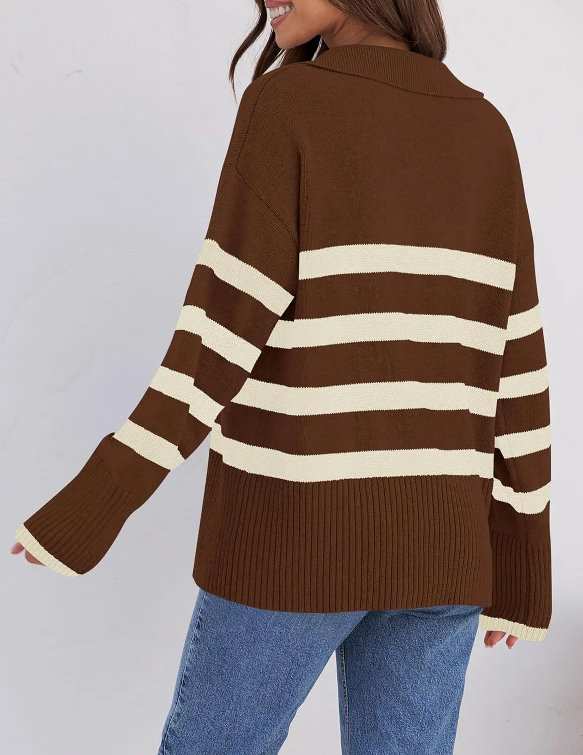 ZESICA Women's Winter Sweaters Lapel V Neck Long Sleeve Striped Chunky Knit Oversized Pullover Sweater Jumper Tops