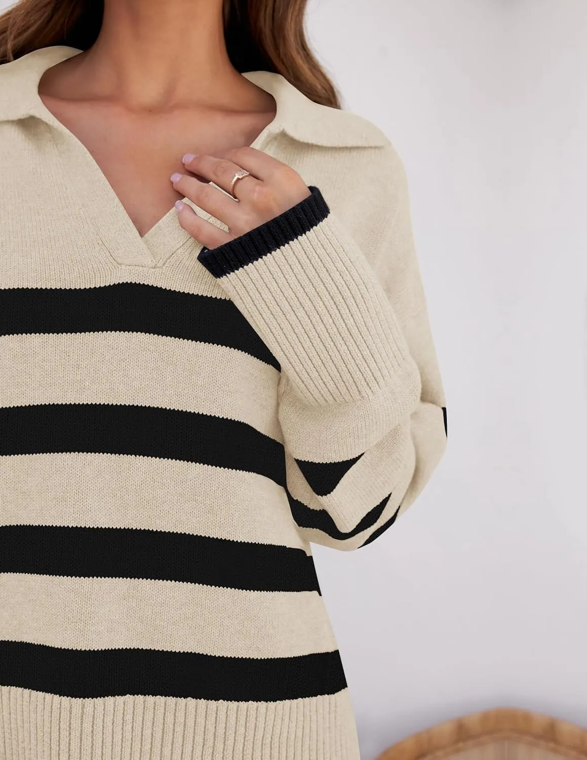 ZESICA Women's Winter Sweaters Lapel V Neck Long Sleeve Striped Chunky Knit Oversized Pullover Sweater Jumper Tops