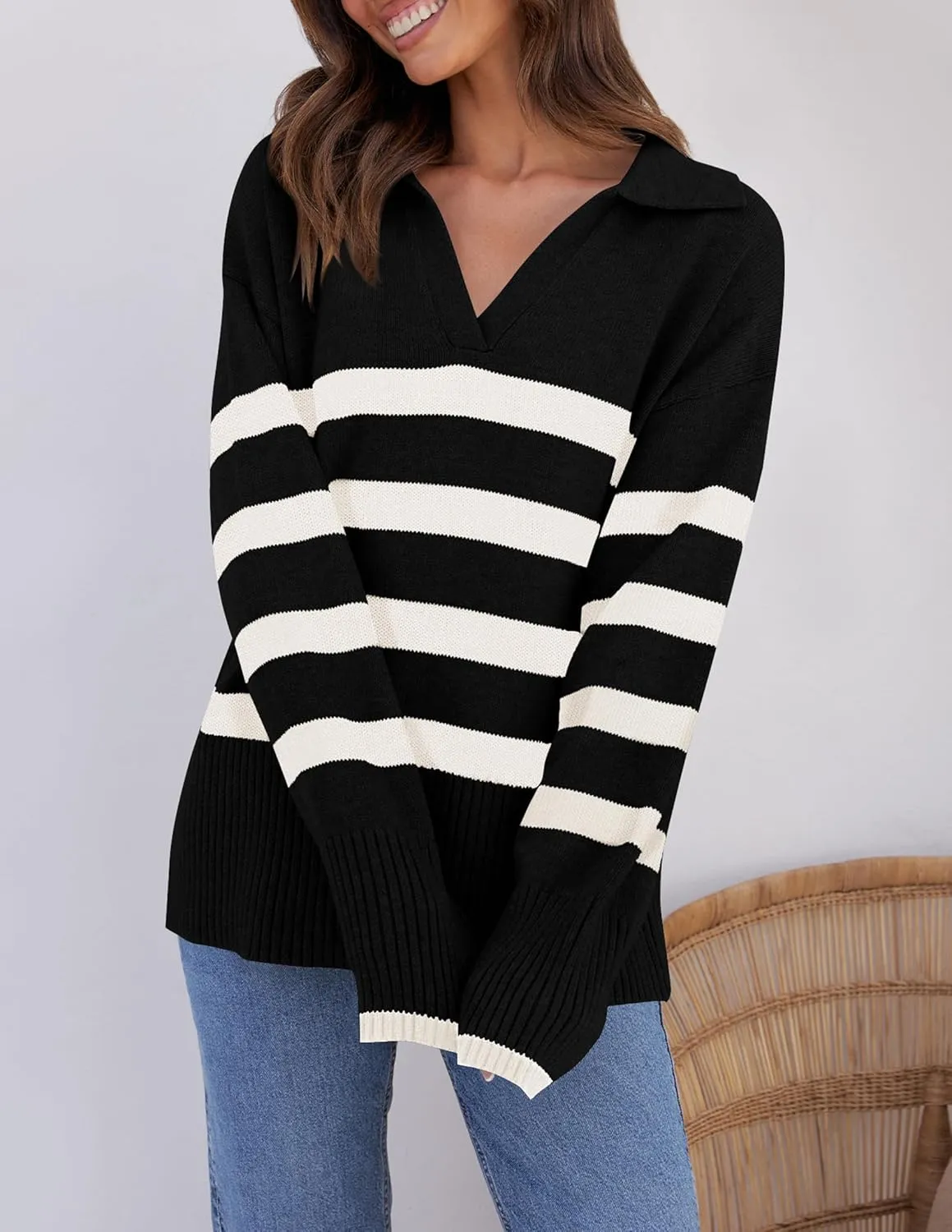 ZESICA Women's Winter Sweaters Lapel V Neck Long Sleeve Striped Chunky Knit Oversized Pullover Sweater Jumper Tops