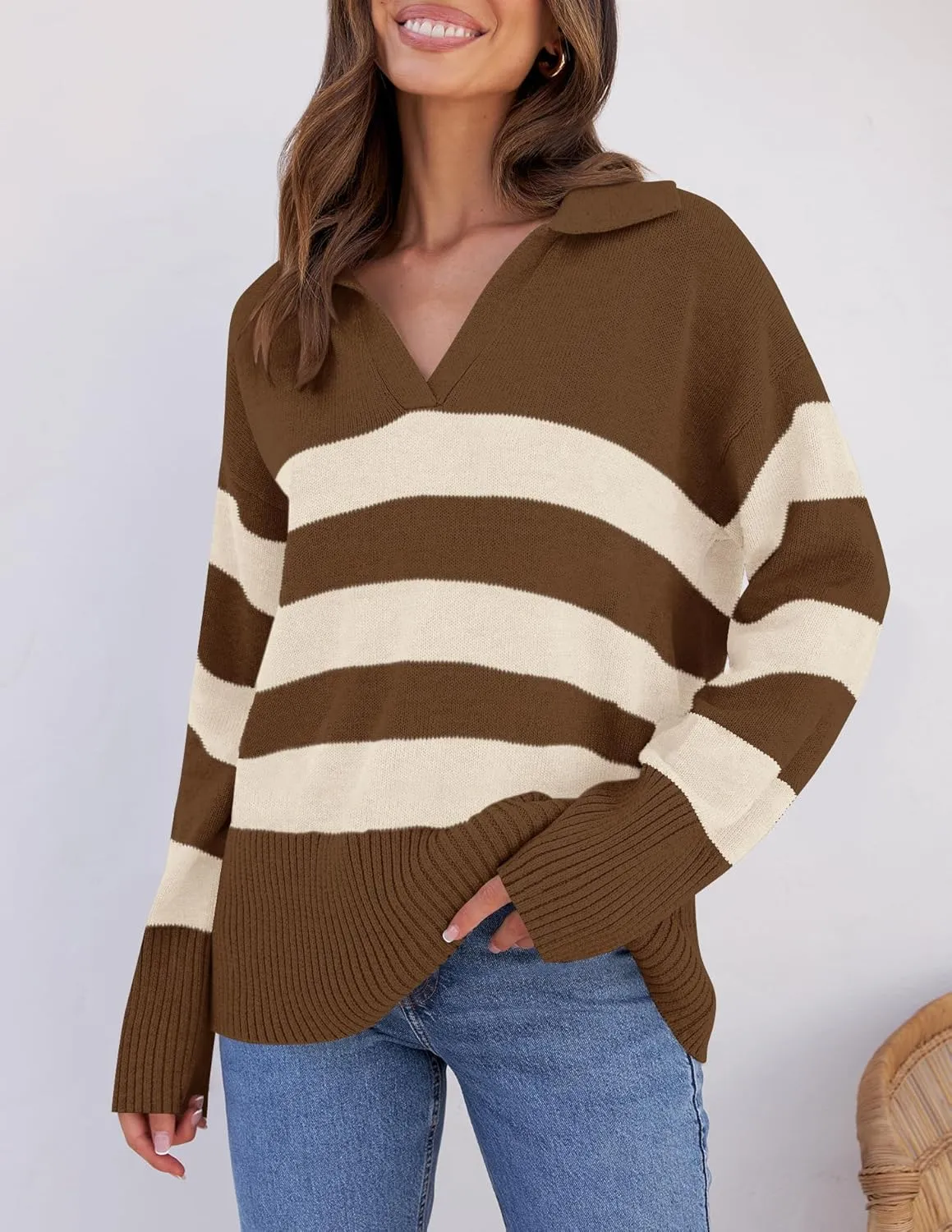 ZESICA Women's Winter Sweaters Lapel V Neck Long Sleeve Striped Chunky Knit Oversized Pullover Sweater Jumper Tops