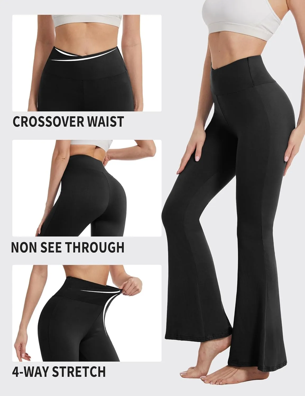ZOOSIXX Black Flare Yoga Pants for Women, Crossover Soft Bootcut Leggings