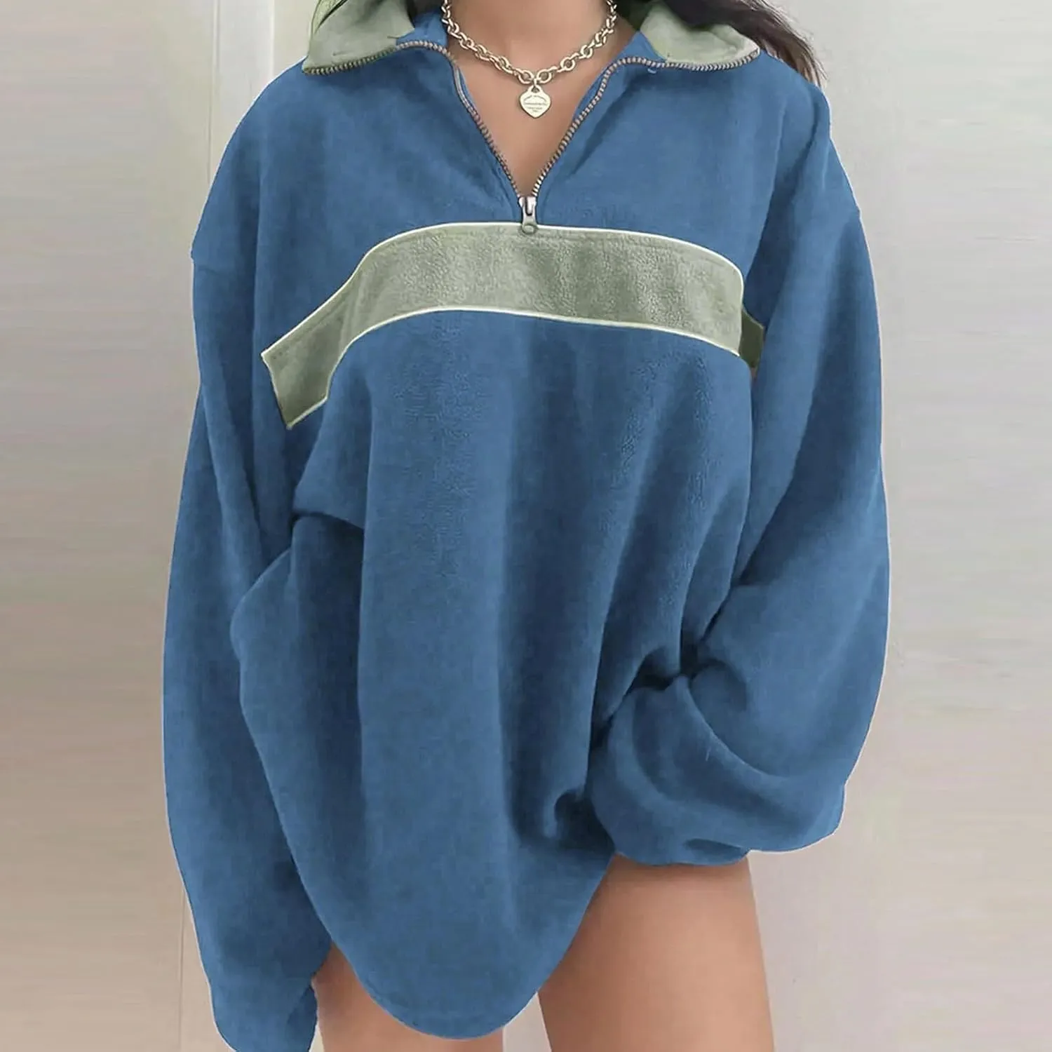 ZWRXW Women's Oversized Half Zip Sweatshirts Color Block Long Sleeve Lapel Pullover Casual Loose Fit Tops Fall Winter Clothes