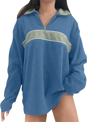 ZWRXW Women's Oversized Half Zip Sweatshirts Color Block Long Sleeve Lapel Pullover Casual Loose Fit Tops Fall Winter Clothes