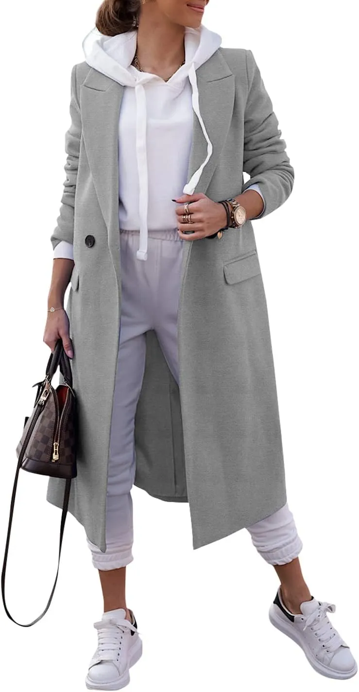 Zwurew Women's Double Breasted Pea Coat Winter Notched Lapel Collar Wool Blend Long Trench Coat Jackets