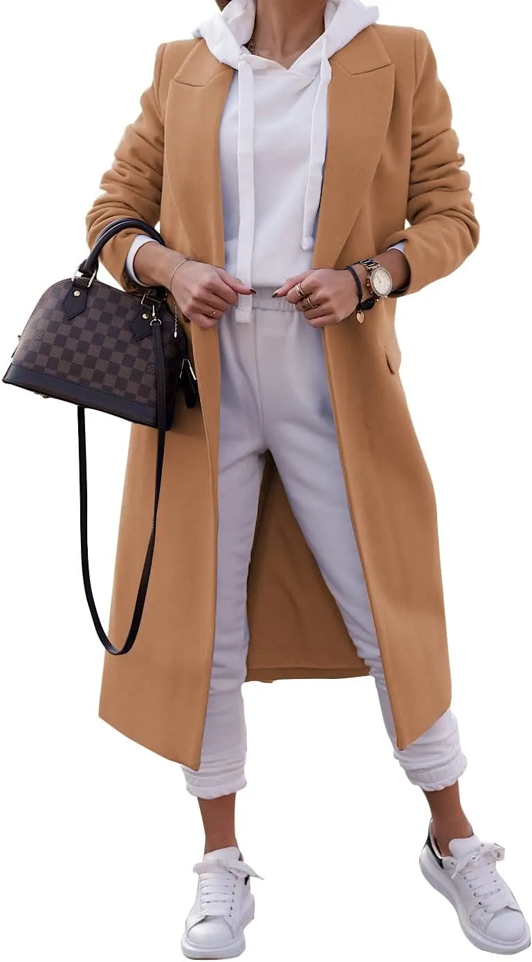 Zwurew Women's Double Breasted Pea Coat Winter Notched Lapel Collar Wool Blend Long Trench Coat Jackets