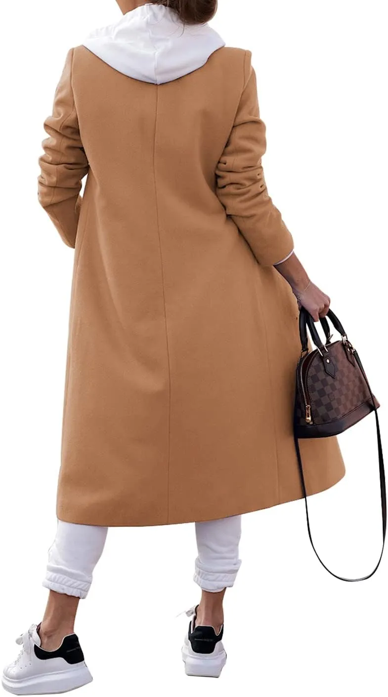 Zwurew Women's Double Breasted Pea Coat Winter Notched Lapel Collar Wool Blend Long Trench Coat Jackets