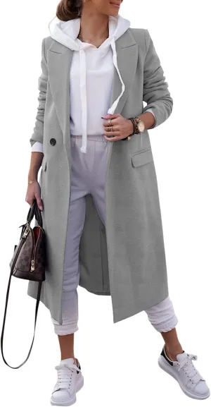 Zwurew Women's Double Breasted Pea Coat Winter Notched Lapel Collar Wool Blend Long Trench Coat Jackets