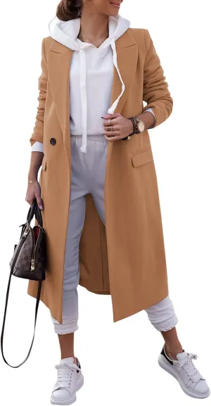 Zwurew Women's Double Breasted Pea Coat Winter Notched Lapel Collar Wool Blend Long Trench Coat Jackets