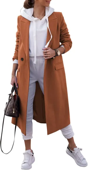 Zwurew Women's Double Breasted Pea Coat Winter Notched Lapel Collar Wool Blend Long Trench Coat Jackets