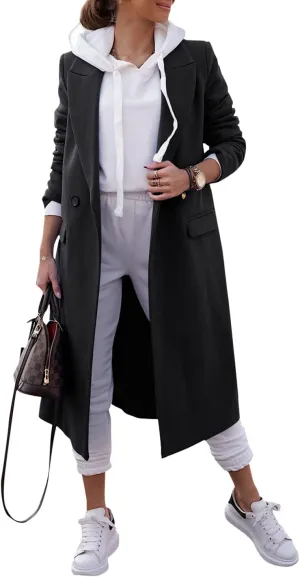 Zwurew Women's Double Breasted Pea Coat Winter Notched Lapel Collar Wool Blend Long Trench Coat Jackets